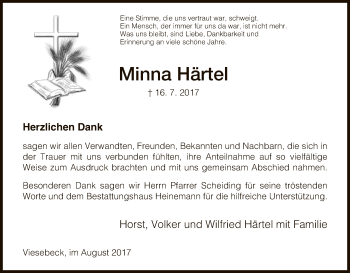 Traueranzeige von Minna Härtel von HNA