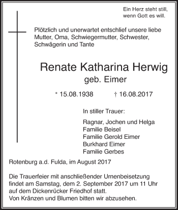 Traueranzeige von Renate Katharina Herwig von etm