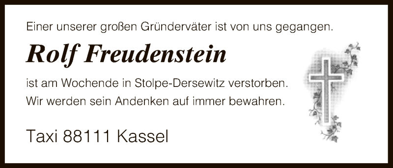  Traueranzeige für Rolf Freudenstein vom 10.08.2017 aus HNA