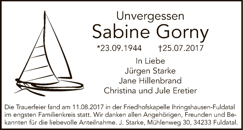  Traueranzeige für Sabine Gorny vom 19.08.2017 aus HNA