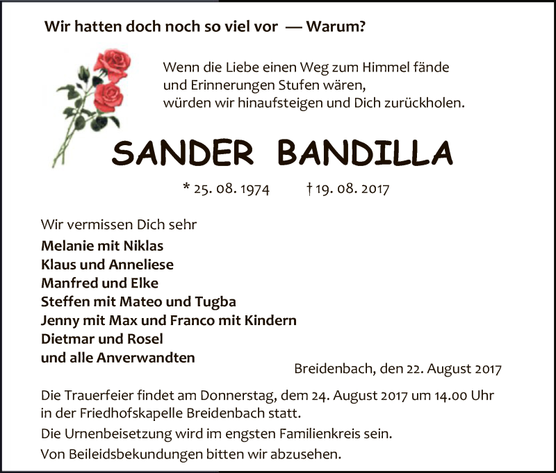  Traueranzeige für Sander Bandilla vom 22.08.2017 aus HNA