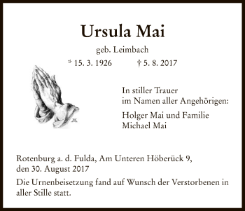 Traueranzeige von Ursula Mai von HNA
