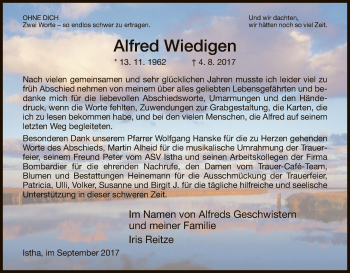 Traueranzeige von Alfred Wiedigen von HNA