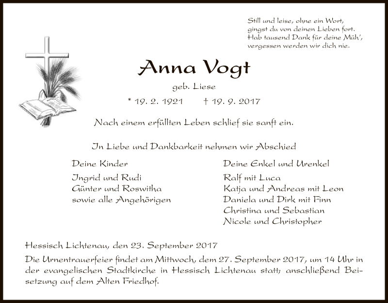  Traueranzeige für Anna Vogt vom 23.09.2017 aus HNA