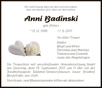 Traueranzeige von Anni Badinski von HNA