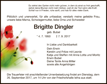 Traueranzeige von Brigitte Dingler von HNA