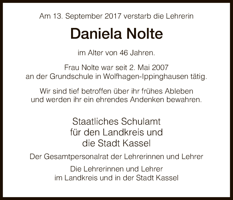  Traueranzeige für Daniela Nolte vom 19.09.2017 aus HNA