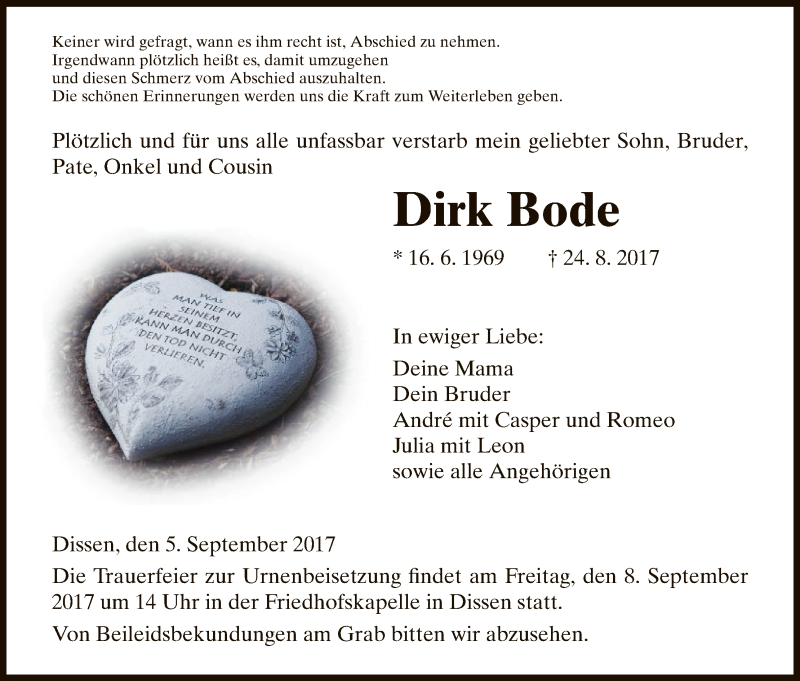  Traueranzeige für Dirk Bode vom 05.09.2017 aus HNA