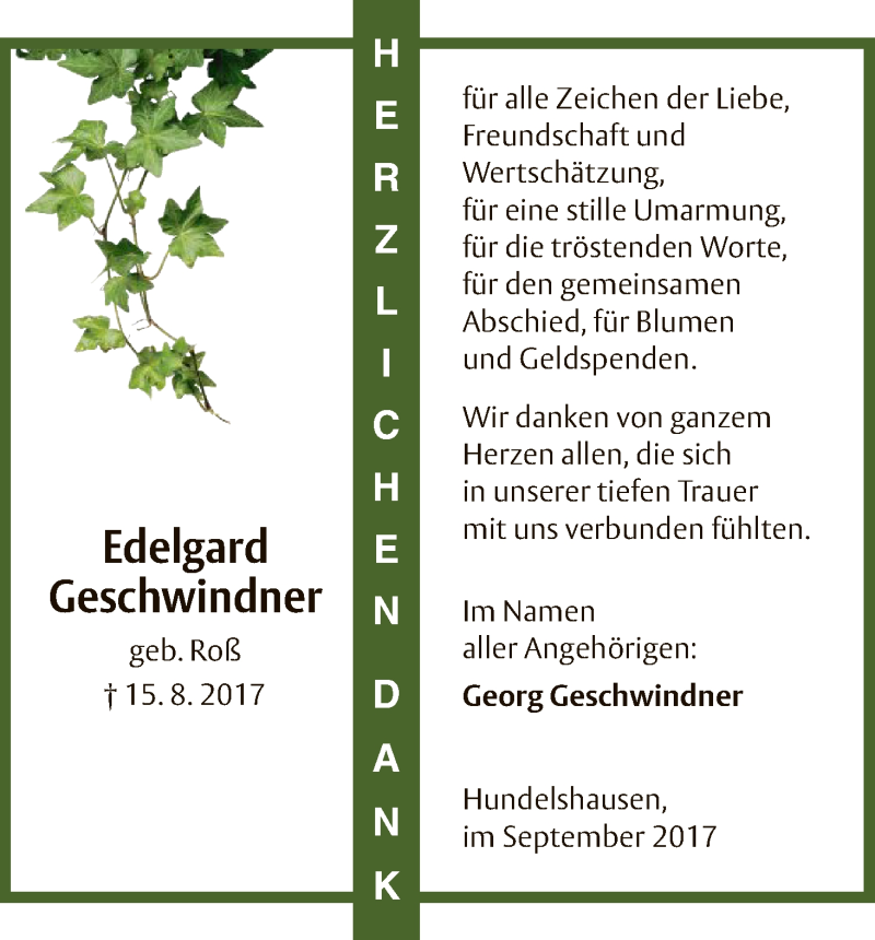  Traueranzeige für Edelgard Geschwinder vom 09.09.2017 aus HNA