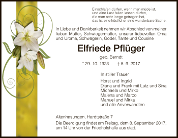 Traueranzeige von Elfriede Pflüger von HNA