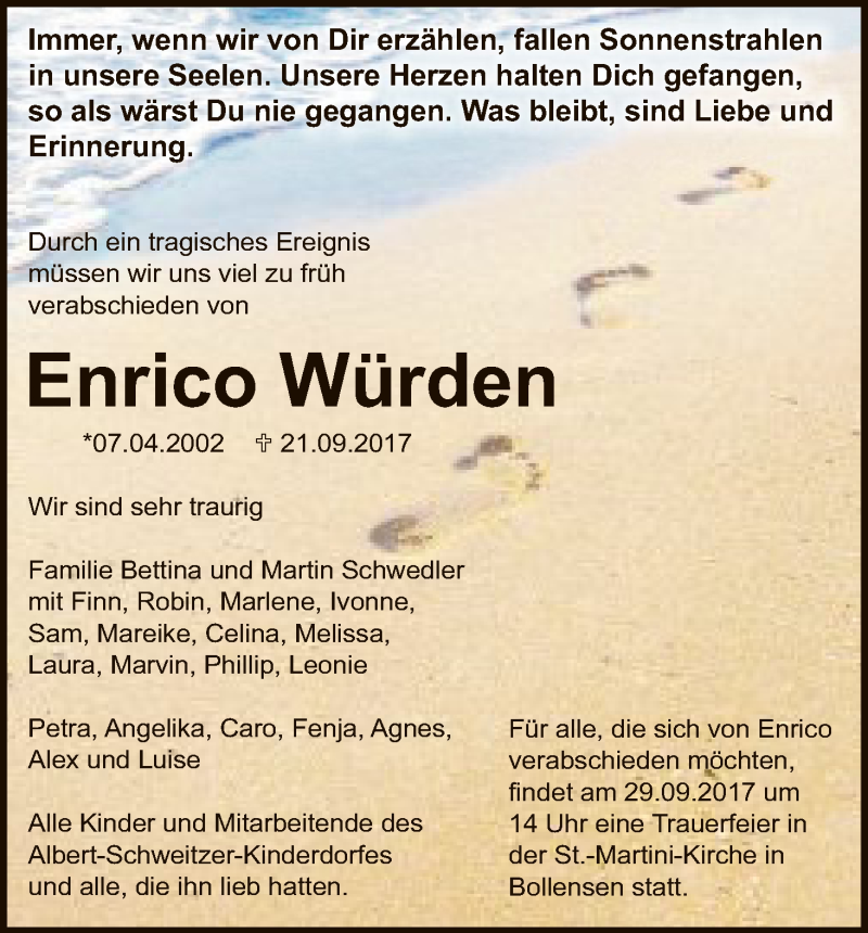  Traueranzeige für Enrico Würden vom 28.09.2017 aus HNA