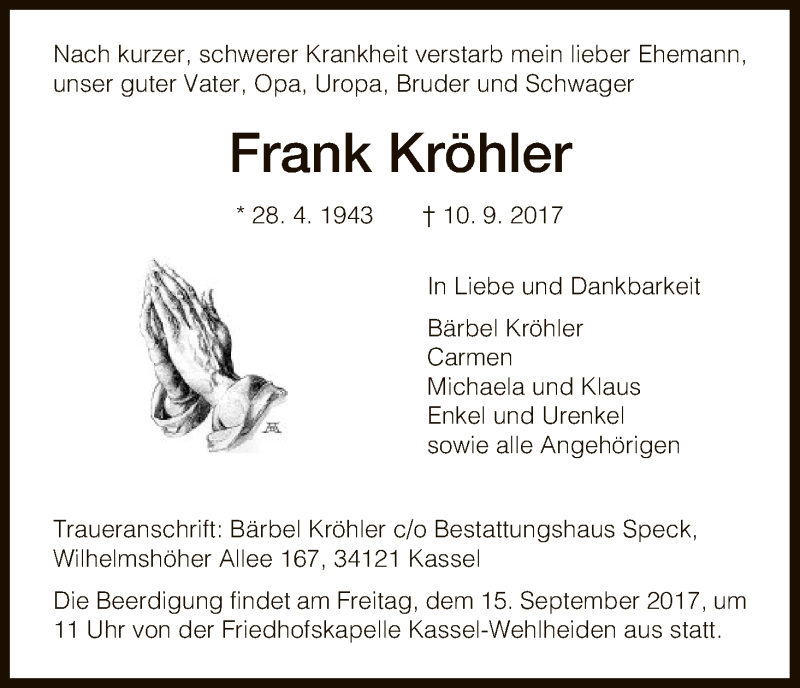  Traueranzeige für Frank Kröhler vom 13.09.2017 aus HNA