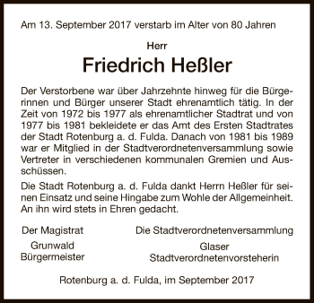 Traueranzeige von Friedrich Heßler von HNA