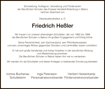 Traueranzeige von Friedrich Heßler von HNA