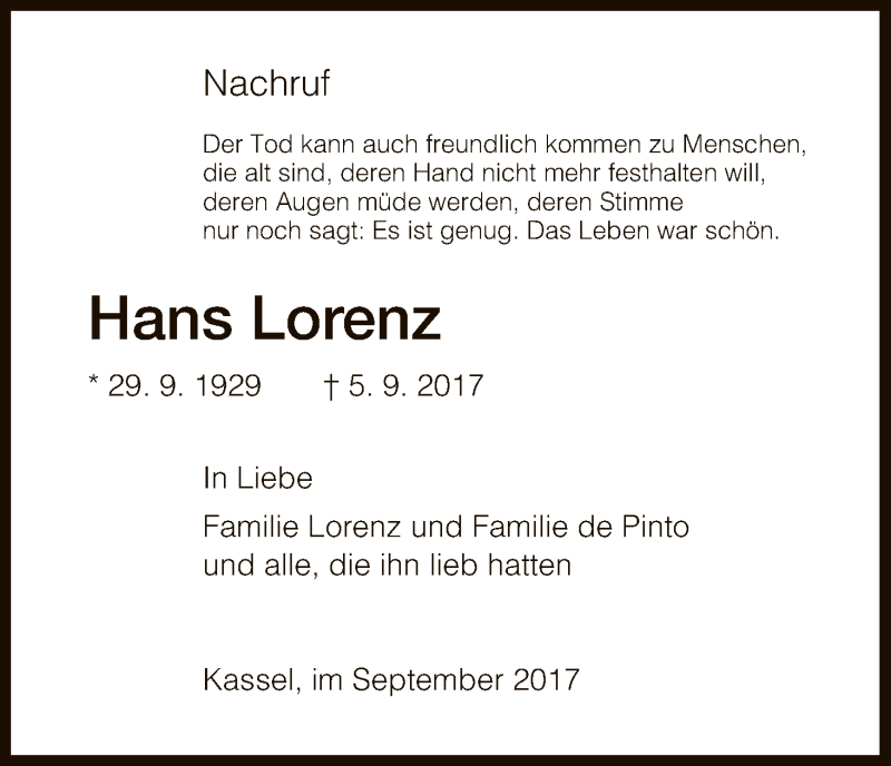  Traueranzeige für Hans Lorenz vom 29.09.2017 aus HNA
