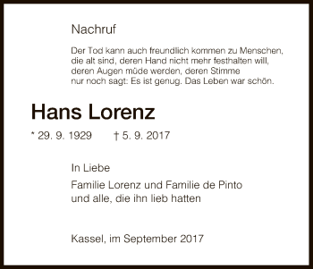 Traueranzeige von Hans Lorenz von HNA