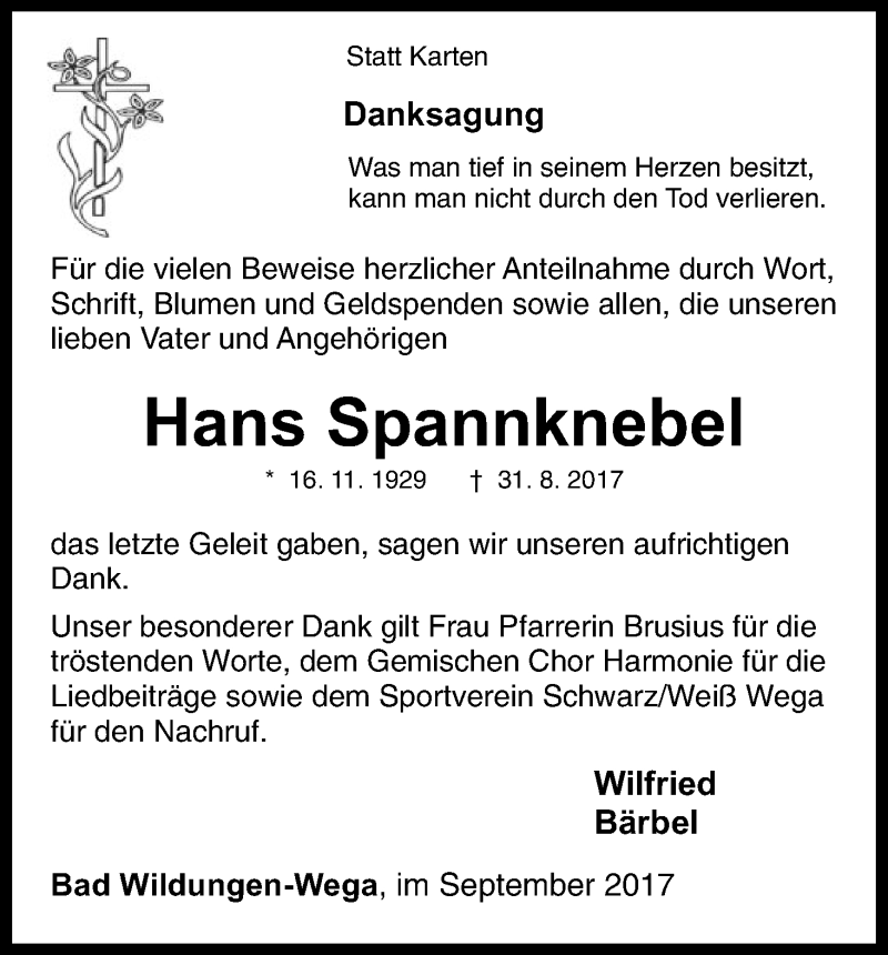  Traueranzeige für Hans Spannknebel vom 30.09.2017 aus HNA
