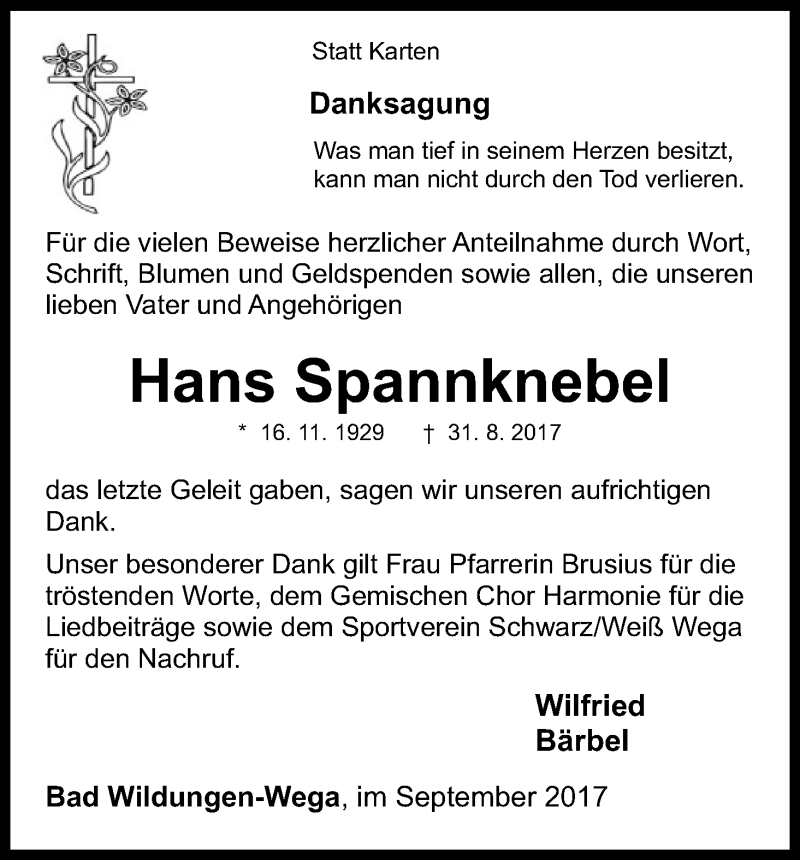  Traueranzeige für Hans Spannknebel vom 30.09.2017 aus HNA