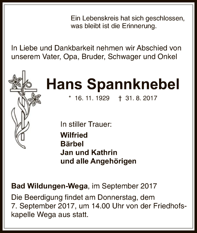  Traueranzeige für Hans Spannknebel vom 05.09.2017 aus HNA