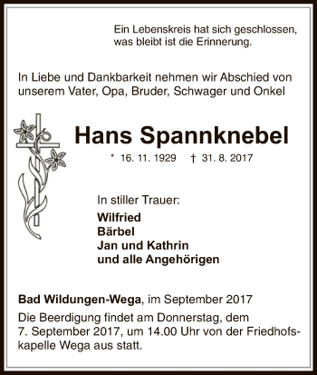 Traueranzeige von Hans Spannknebel von HNA