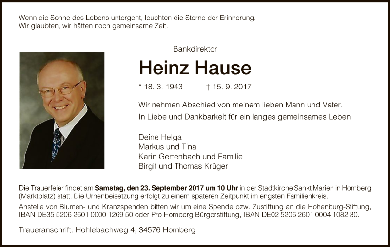  Traueranzeige für Heinz Hause vom 19.09.2017 aus HNA