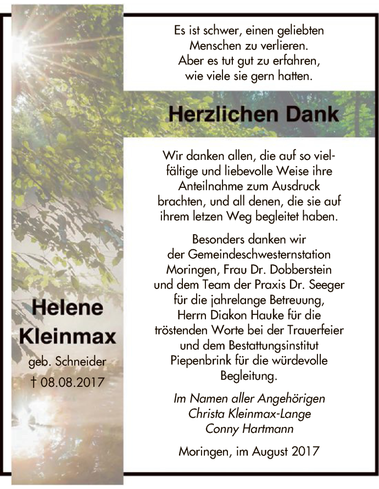  Traueranzeige für Helene Kleinmax vom 02.09.2017 aus HNA