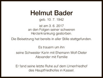 Traueranzeige von Helmut Bader von HNA
