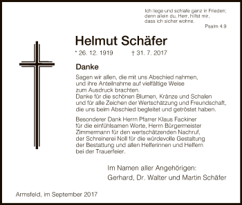 Traueranzeige von Helmut Schäfer von HNA