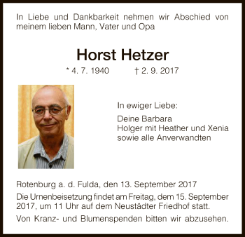 Traueranzeige von Horst Hetzer von HNA