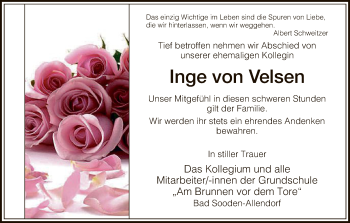 Traueranzeige von Inge von Velsen von HNA