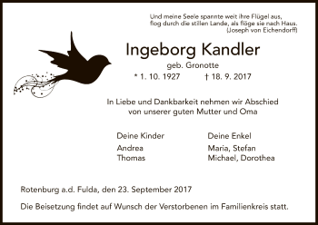 Traueranzeige von Ingeborg Kandler von HNA