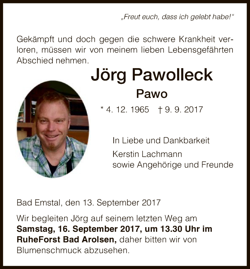  Traueranzeige für Jörg Pawolleck vom 13.09.2017 aus HNA