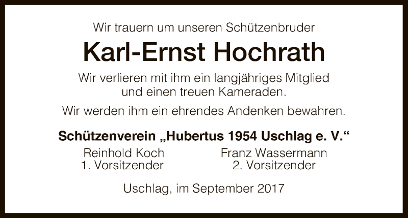  Traueranzeige für Karl-Ernst Hochrath vom 07.09.2017 aus HNA