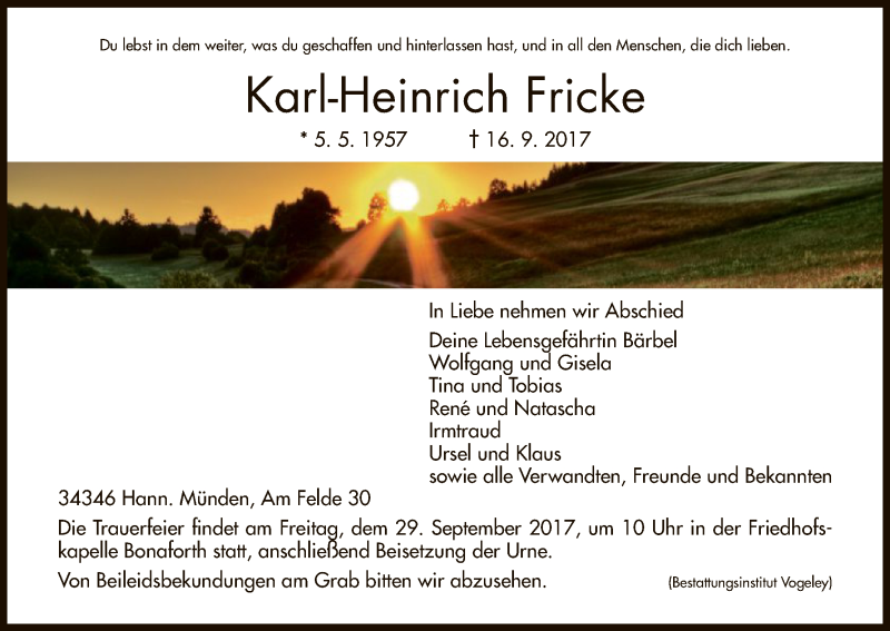  Traueranzeige für Karl-Heinrich Fricke vom 23.09.2017 aus HNA