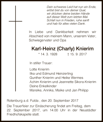 Traueranzeige von Karl-Heinz Knierim von HNA