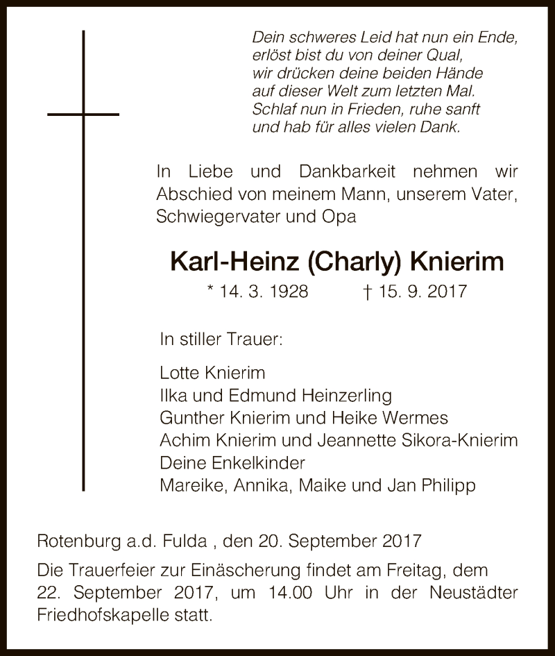  Traueranzeige für Karl-Heinz Knierim vom 20.09.2017 aus HNA
