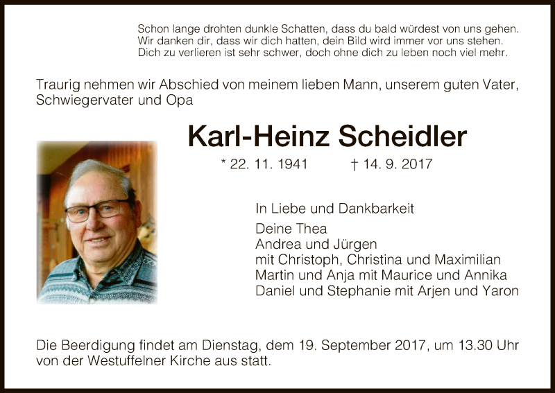 Traueranzeige für Karl-Heinz Scheidler vom 18.09.2017 aus HNA