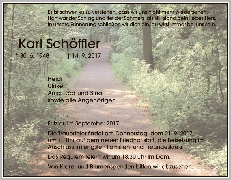  Traueranzeige für Karl Schöffler vom 19.09.2017 aus HNA