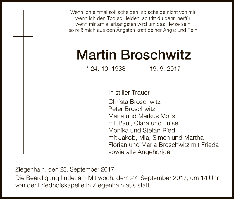  Traueranzeige für Martin Broschwitz vom 23.09.2017 aus HNA
