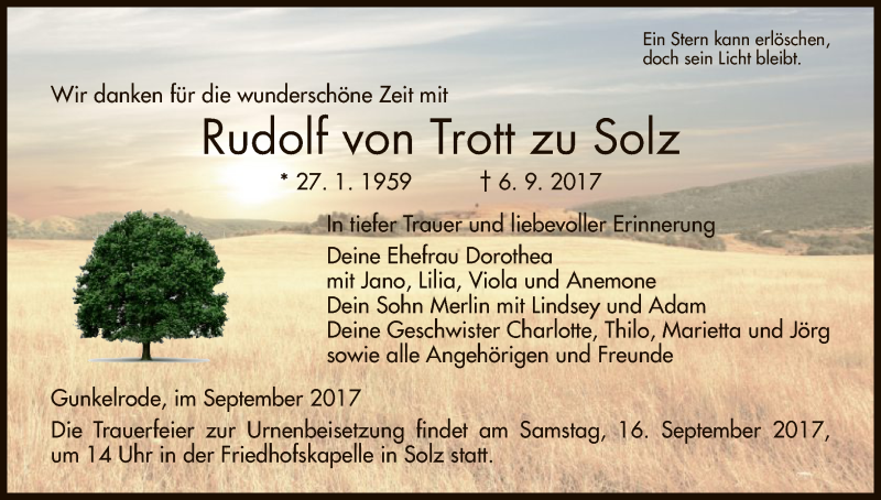  Traueranzeige für Rudolf von Trott zu Solz vom 13.09.2017 aus HNA