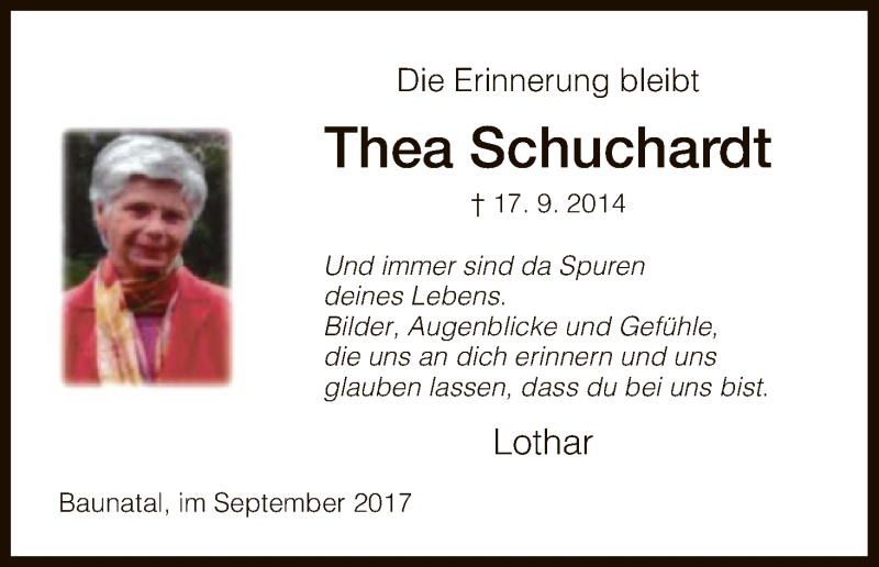  Traueranzeige für Thea Schuchardt vom 16.09.2017 aus HNA