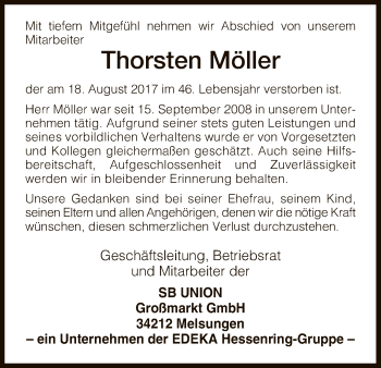 Traueranzeige von Thorsten Möller von HNA
