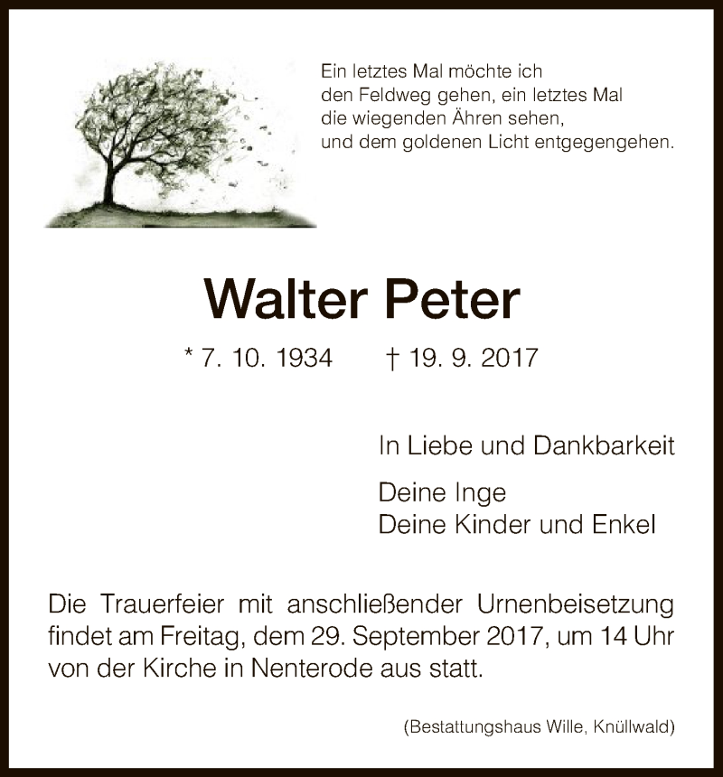  Traueranzeige für Walter Peter vom 26.09.2017 aus HNA