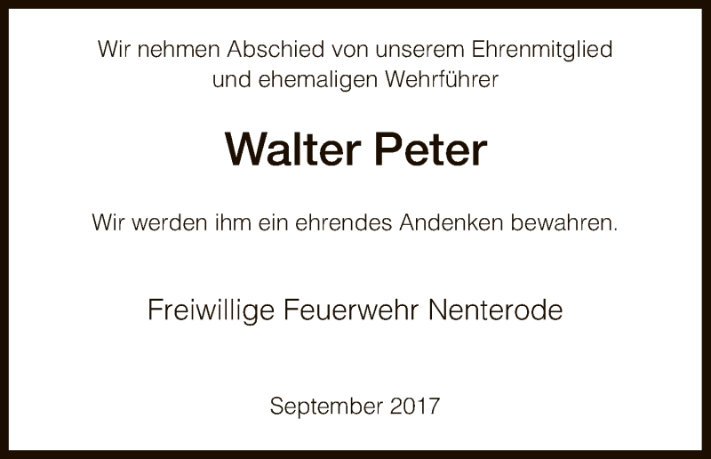  Traueranzeige für Walter Peter vom 29.09.2017 aus HNA