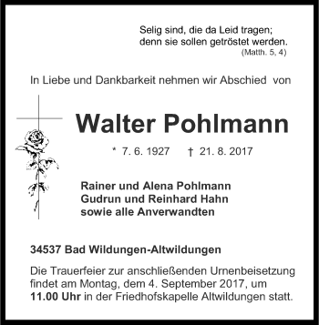Traueranzeige von Walter Pohlmann von HNA