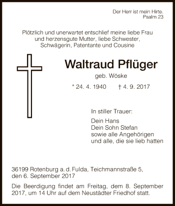 Traueranzeige von Waltraud Pflüger von HNA