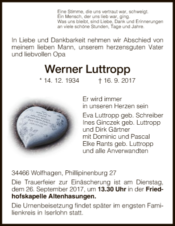 Traueranzeige von Werner Luttropp von HNA