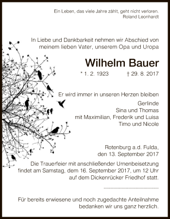 Traueranzeige von Wilhelm Bauer von HNA
