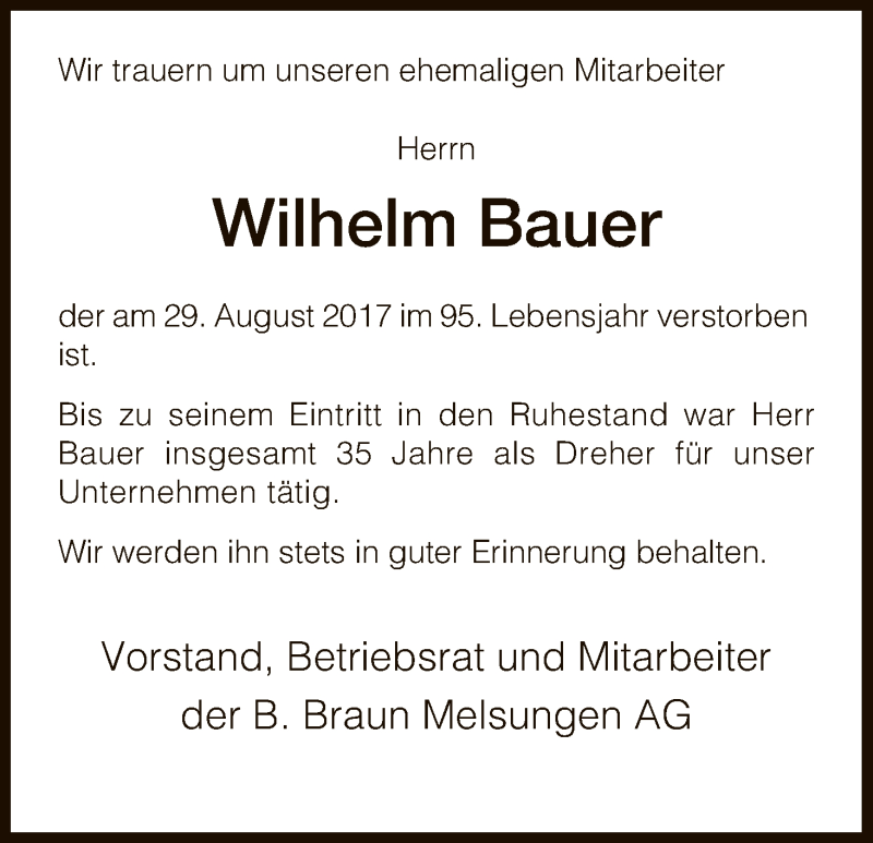  Traueranzeige für Wilhelm Bauer vom 15.09.2017 aus HNA