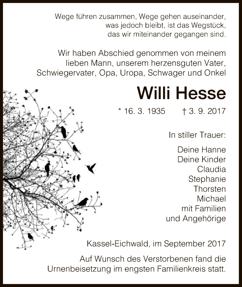 Traueranzeigen von Willi Hesse Trauer.HNA.de